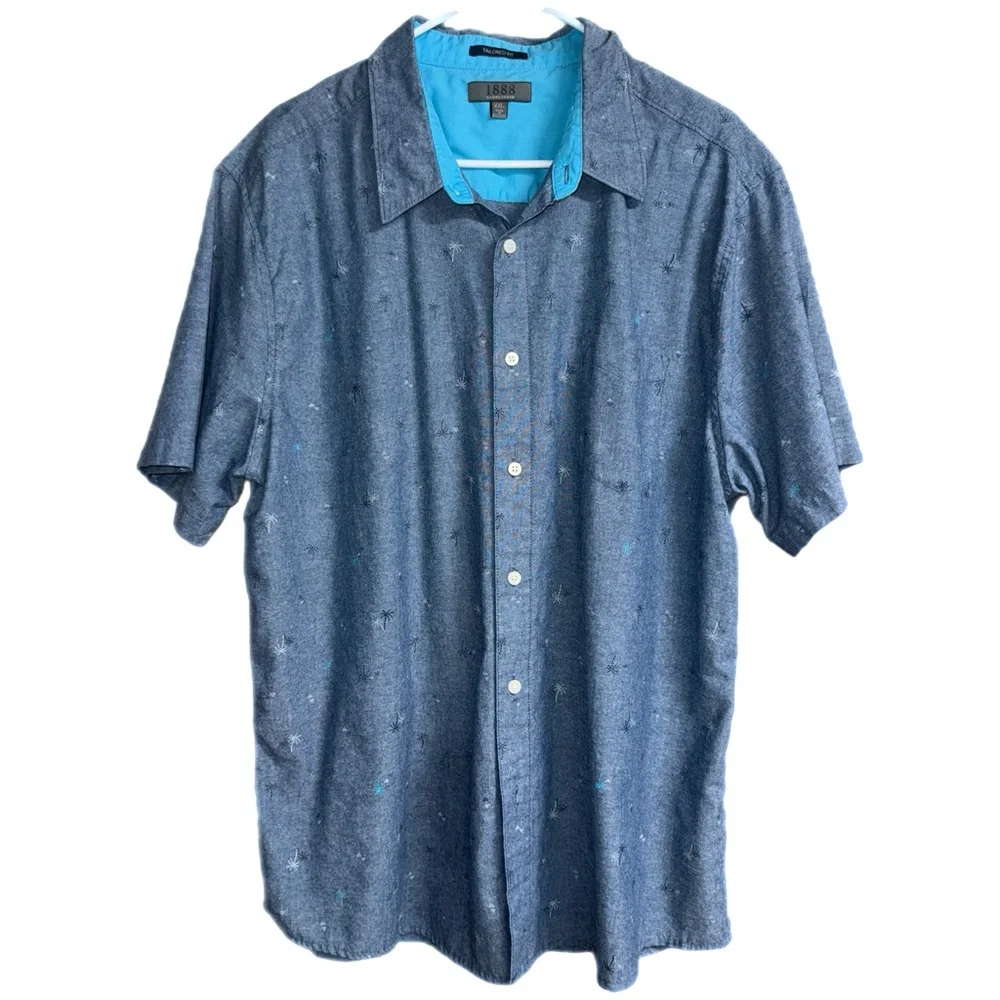 1888 Saddlebred - Blue Palm Tree - Tailored Fit‎ Short Sleeve Casual Shirt - XXL